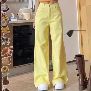 Primavera Autunno Moda Vita alta Jeans con tasche solide Abbigliamento da donna Bottoni casual larghi Tendenza Semplicità Pantaloni dritti coreani 1