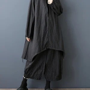 Trench vintage nero irregolare oversize per donna Colletto alla coreana con cerniera Cardigan capispalla allentato casual Primavera Autunno 2025 1
