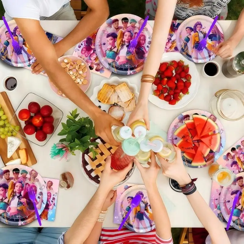 NUOVO Demon Hunters Kpop Decorazioni di compleanno Set Stoviglie Palloncini Banner Tovaglia Borsa Kpop Decorazione torta per ragazza Bomboniere 4