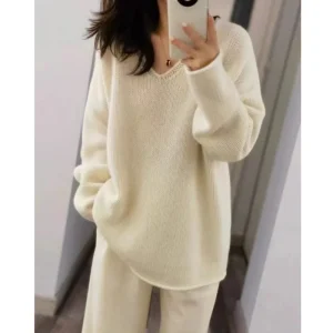Autunno e Inverno Nuovo 100% Lana e Cashmere Maglione da Donna con Scollo a V Pullover Lavorato a Maglia Allentato Moda Top da Donna di Vendita Caldo 1