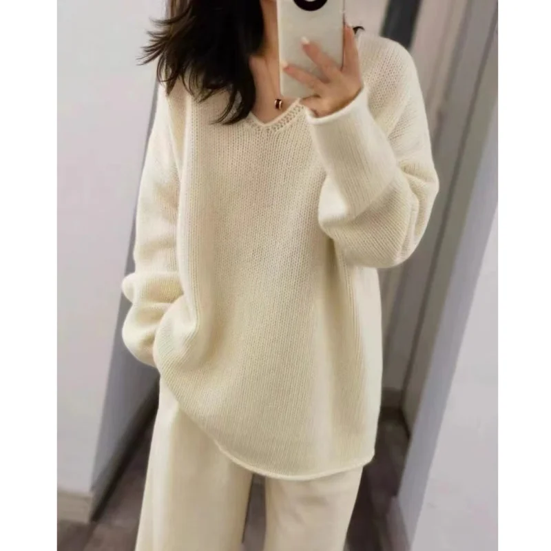 Autunno e Inverno Nuovo 100% Lana e Cashmere Maglione da Donna con Scollo a V Pullover Lavorato a Maglia Allentato Moda Top da Donna di Vendita Caldo 1