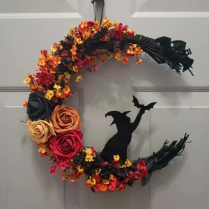 Ghirlanda di Halloween 1 pezzo, design in plastica con gatto a mezzaluna con accenti di rosa, decorazione festiva da parete per porta d'ingresso e finestra, per Natale 1