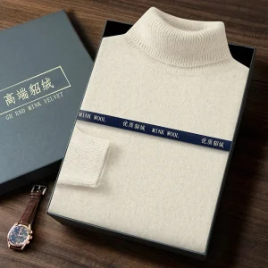 Maglione da uomo in maglia spessa 100% visone e cashmere, pullover caldo con colletto rovesciato, dolcevita invernale casual a maniche lunghe da uomo 1