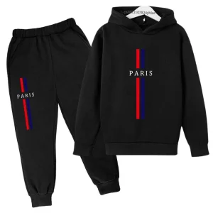 Bambini Autunno Primavera Casual Parigi Stampa 2 pezzi Felpa con cappuccio + Pantaloni Tute 2-13 anni Ragazzi Ragazze Moda Streetwear Set di vestiti per bambini 1