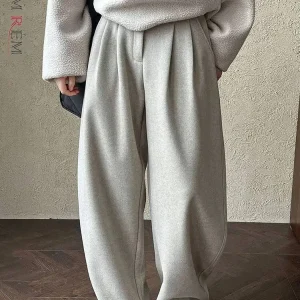 [LANMREM] Pantaloni di lana minimalisti per le donne Pantaloni a gamba larga dritti a vita alta Office Lady Abiti caldi 2025 Inverno Nuovo 26C1295 1