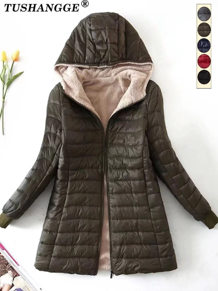 Nuova edizione coreana di media lunghezza con cappuccio giacche da donna autunno inverno cappotti di cotone da ufficio di media lunghezza caldo parka in pile di agnello 2