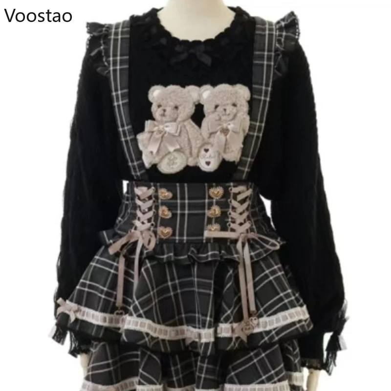 Pullover lavorato a maglia stile Sweet Lolita vintage per ragazze simpatico orso di peluche cartone animato ricamo fiocco maglione donna maglieria Harajuku top 2