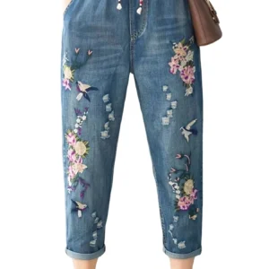 AmaxluluE 2025 Donne di Estate Vintage Floreale Pantaloni di Jeans Allentati Stile Cinese Casual Strappato Blu Jeans Fori Elastico Harem Pantaloni 1