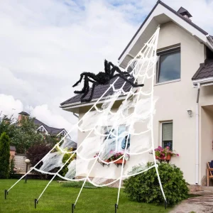 Ragnatela triangolare di Halloween, ragnatela di simulazione di peluche grande da 5 m, oggetti di scena per la decorazione del cortile esterno della casa stregata 1