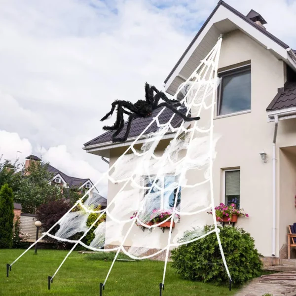Ragnatela triangolare di Halloween, ragnatela di simulazione di peluche grande da 5 m, oggetti di scena per la decorazione del cortile esterno della casa stregata 1