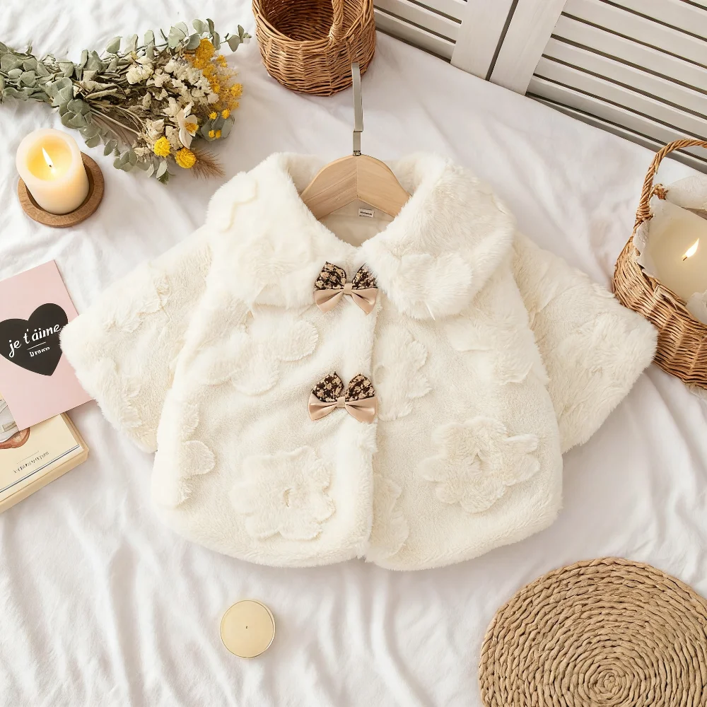 Abbigliamento invernale per bambina Cappotto scialle da ragazza caldo foderato in shearling tinta unita Adorabile colletto con fiocco Capispalla per bambino 4