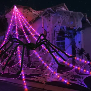Bagliore nel buio Ragnatela Decorazioni per esterni di Halloween Luci di ragno realistiche finte Decorazioni per cortile/giardino Puntelli per il giorno dei morti 1