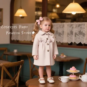 Cappotto da ragazza Autunno/Inverno Tinta unita Colletto con fiocco Capispalla da ragazza in lana Top Cappotto caldo casual per bambini Vestiti invernali per bambini 1