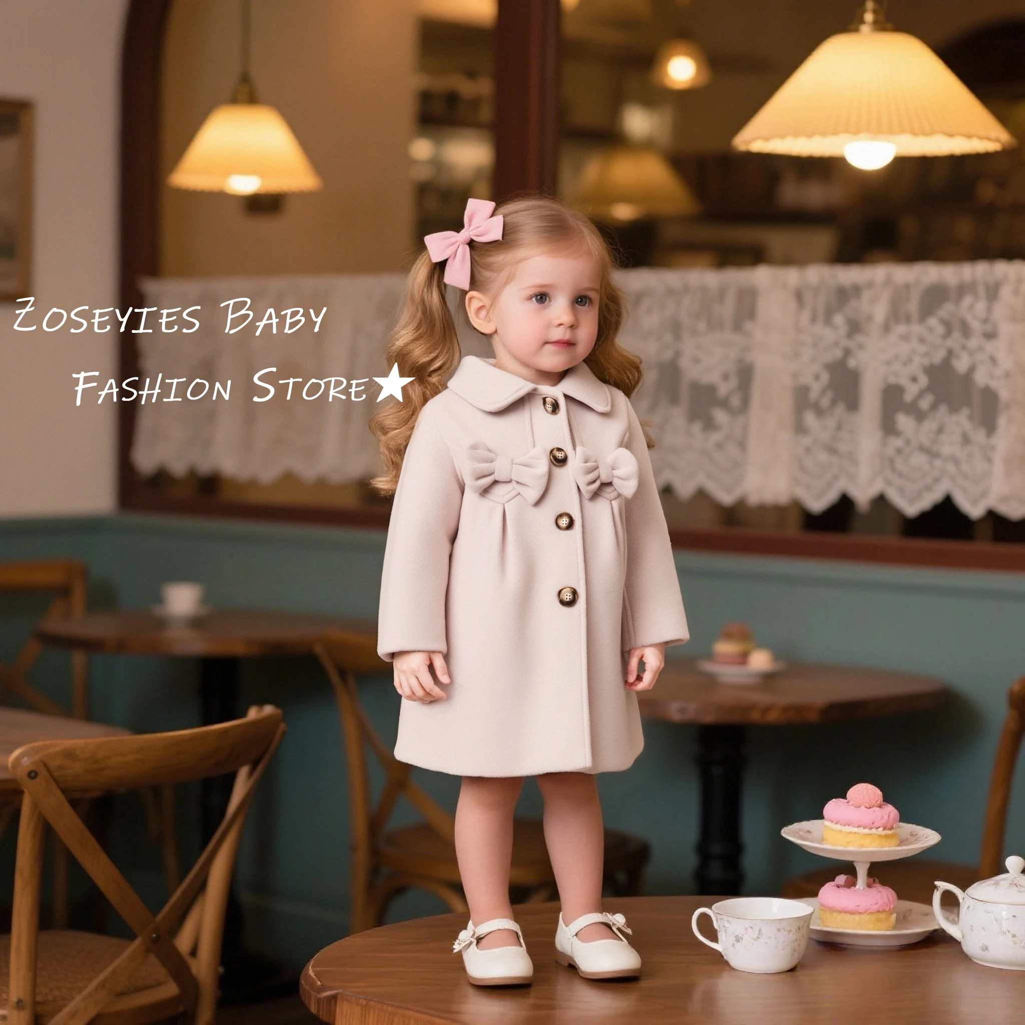 Cappotto da ragazza Autunno/Inverno Tinta unita Colletto con fiocco Capispalla da ragazza in lana Top Cappotto caldo casual per bambini Vestiti invernali per bambini 1