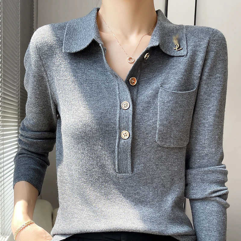 Donne 100% pura lana Merino morbido maglione colletto Polo Pullover autunno inverno Casual maglia top tinta unita normale maglieria femminile 2