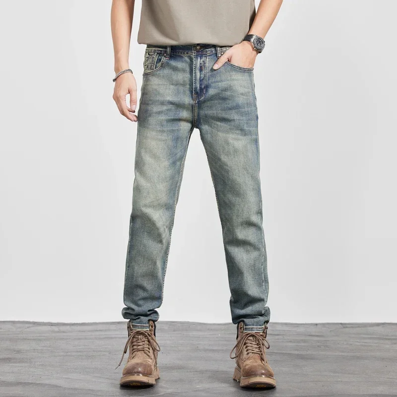 2025 Primavera Autunno Nuovo Sottile Piccolo Dritto Stretch Vintage Cerniera Jeans da Uomo Allentato Stretch Nostalgico Pantaloni Casual da Uomo 2