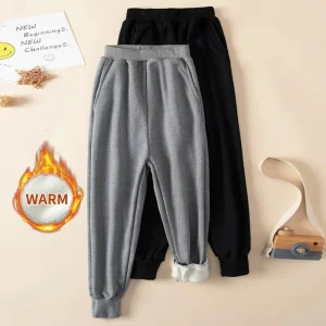 Set da 2 pezzi di pantaloni Harem spessi e caldi in tinta unita autunno/inverno per bambini per ragazzi e ragazze Pantaloni sportivi e in pile neri grigi 1