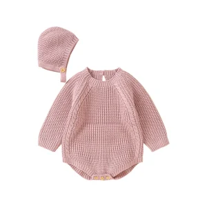 Autunno Tute per bambini Vestiti Inverno Solido Manica lunga Maglia Neonato Ragazzi Ragazze Tutina Cappelli Abiti 0-18 m Costumi neturali infantili 1