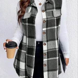 Donna Plus Size 1XL-5XL Stampa scozzese Dettaglio patta Cappotto senza maniche Moda donna Gilet termico spesso senza maniche Capispalla donna 1