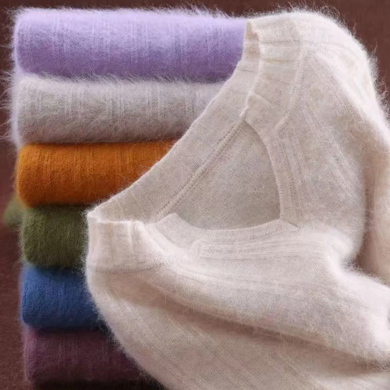 Maglione in cashmere visone autunno e inverno maglione con scollo a V da donna corto fondo allentato nuovo pullover imbottito maniche a lanterna lavorate a maglia 1