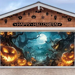 Decorazione dell'insegna della porta del garage di Halloween, scena della lanterna della zucca della foresta nebbiosa 1