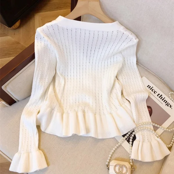 YuooMuoo Cardigan da donna 2025 Autunno Bottoni di lusso Scollo a V Vita sottile Increspato Top in maglia Chic Fashion Lady Maglioni Camicie 4