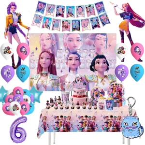 Kpop Demon Hunter Decorazione Forniture di compleanno Hunter Compleanno Tema Banner Stoviglie Piatti Scatola di popcorn Portachiavi Bomboniere 1