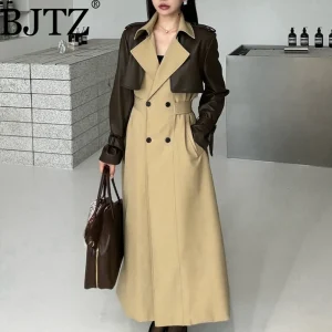 BJTZ 2025 Autunno Inverno Trench in pelle PU da donna Patchwork Color Block Luxury Elegante con cintura doppio petto Capispalla 1