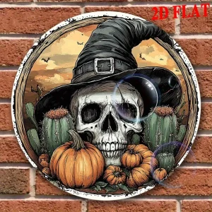 1pc 2D Piatto 8x8" Rotondo Halloween Vintage Targa in alluminio - Scheletro spettrale/Cappello da strega/Cuccoli/Decorazioni pipistrelli, per Portico Festa in casa 1