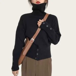 Nuovo elegante maglione pullover a collo alto per donna autunno inverno moda orlo bottone maglione solido maglieria casual a maniche lunghe 1