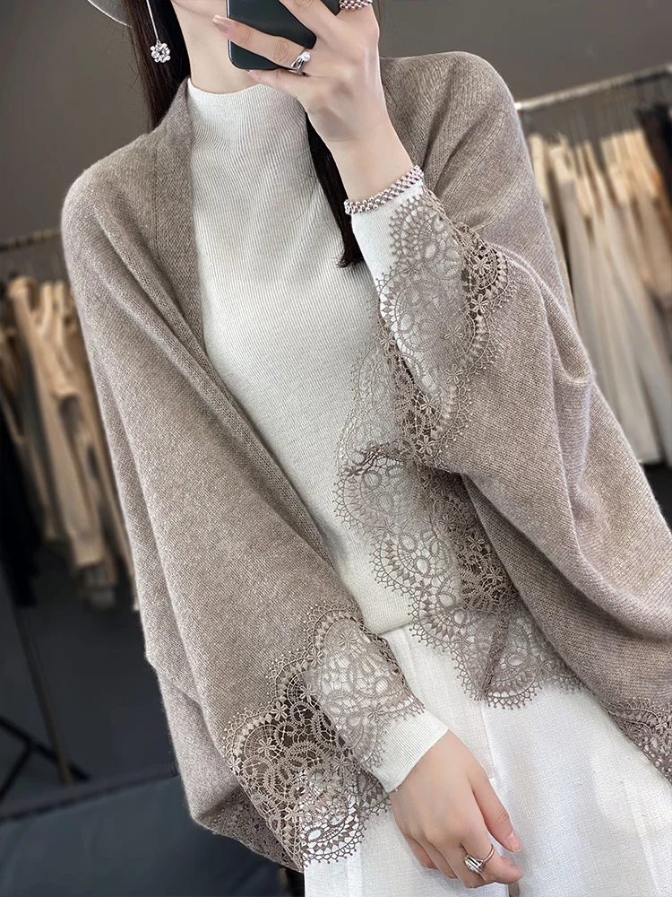 Nuove donne 100% lana merino cardigan sottile morbido cashmere maglieria pizzo mantello grazia morbido scialle sciarpa primavera autunno top abbigliamento 4