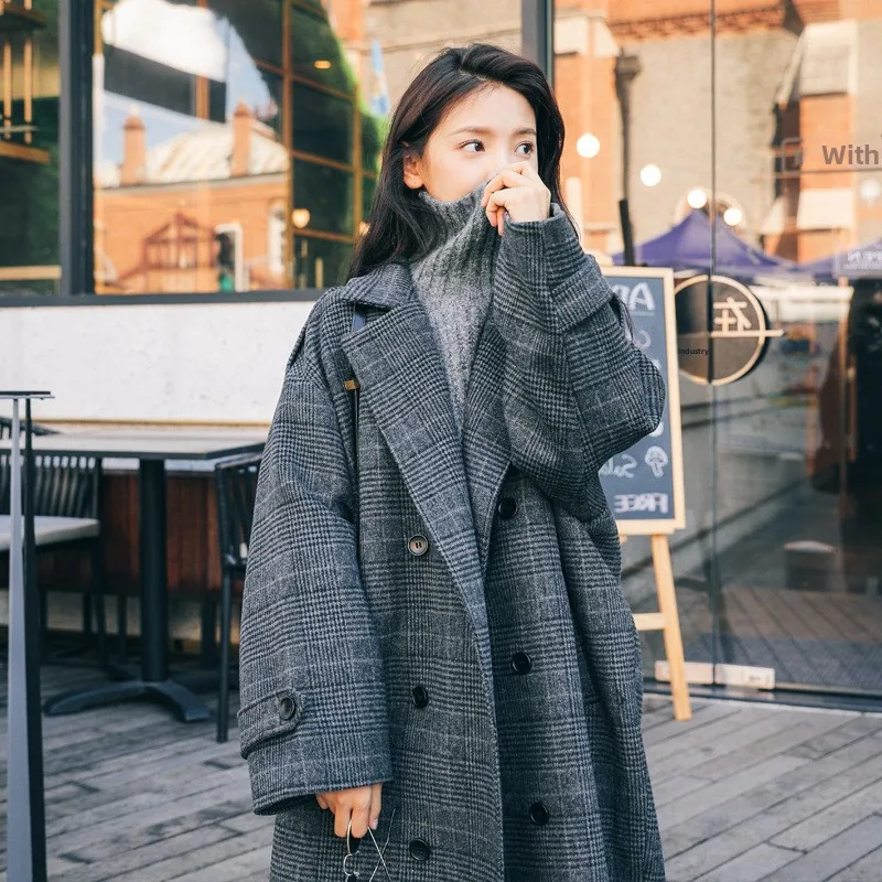 Cappotto di lana scozzese taglie forti da donna di media lunghezza sciolto stile coreano inverno nuova giacca di tweed chic al ginocchio per studenti comoda... 3