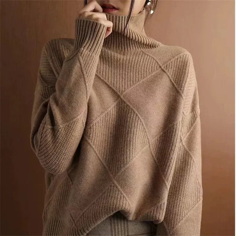 Maglione di lana da donna coreano autunno inverno nuovo dolcevita pullover in maglia abiti larghi per le donne top femminili di base solidi caldi 4