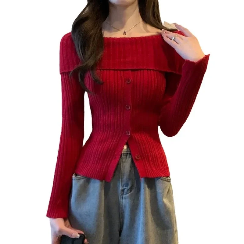 Maglione lavorato a maglia con spacco sulle spalle sexy Camicia base slim fit a maniche lunghe Maglieria autunno inverno Top casual alla moda da donna 5