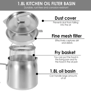 Pentola per filtro dell'olio Contenitore per filtro dell'olio in acciaio inossidabile Pentola per filtro dell'olio 2 in 1 resistente al calore con cestello per friggere alimenti 1