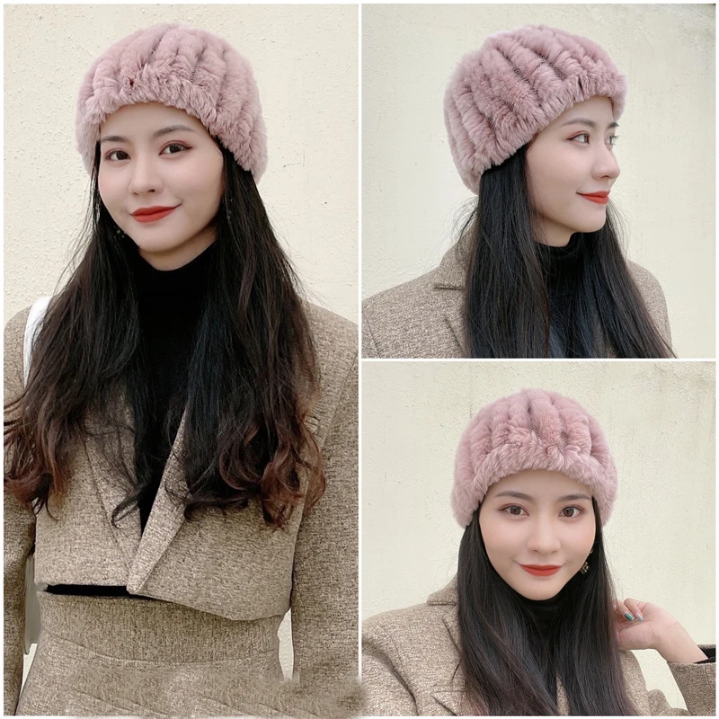 Sciarpa di pelliccia elasticizzata fatta a mano in vera pelliccia da donna lavorata a maglia vera pelliccia di coniglio Rex fasce per ragazze anello di pelliccia naturale cappuccio sciarpe snood inverno 4