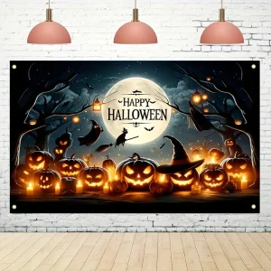 Banner da parete Art Deco Halloween Party - Decorazioni da esterno in poliestere con zucche, streghe e pipistrelli 1