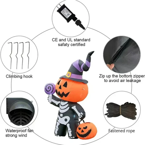 Scheletro di zucca gonfiabile di Halloween da 1,7 m Piccolo fantasma con luci a LED Decorazione del cortile esterno Giardino domestico Festival Horror Prop 5