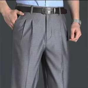 Pantaloni da abito dritti taglie forti con tasche con bottoni a vita alta in tinta unita larghi da uomo di mezza età autunno e inverno 1