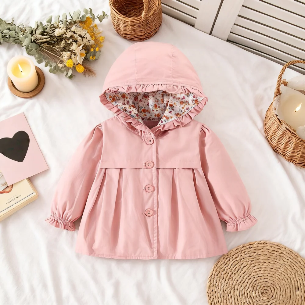 Abbigliamento per bambini Primavera e autunno Giacca per bambini con cappuccio in cotone tinta unita Giacca a vento per ragazze casual Cappotto per bambina 6