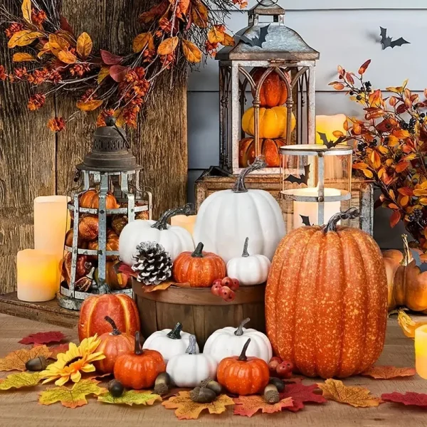 7 pezzi di zucca autunno decorazione esterna schiuma arancione plastica finta zucca artificiale Halloween Harvest Festival Home Table Decor 2