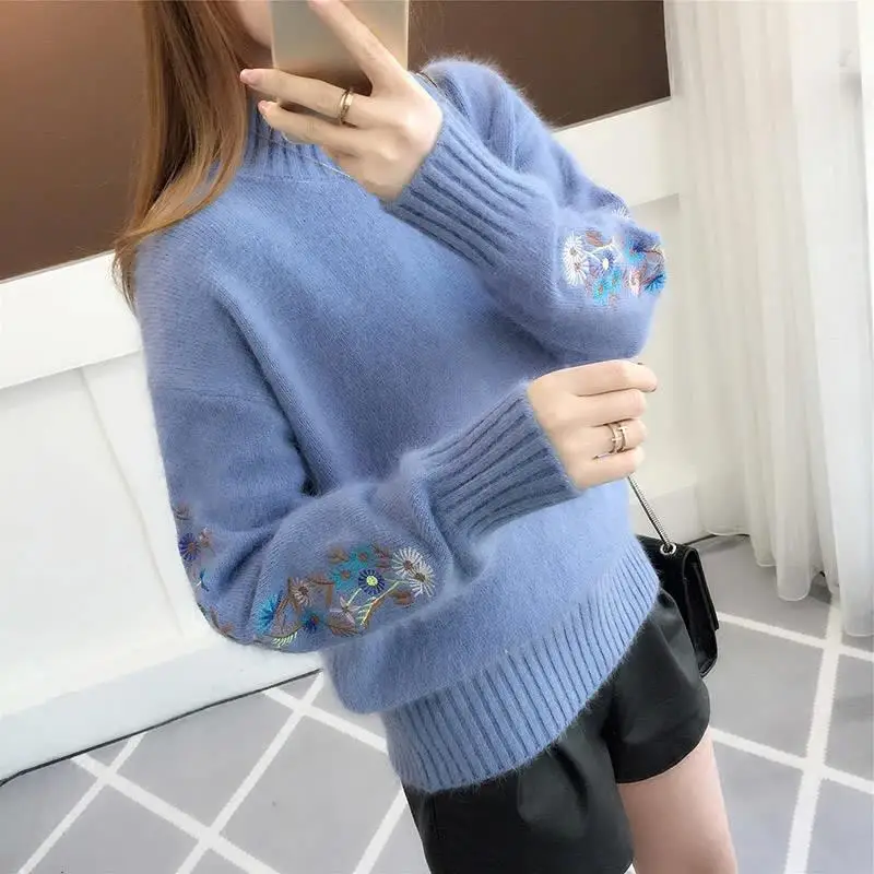 Autunno Inverno 2025 Nuove maniche ricamate con maniche lunghe Pullover lavorato a maglia Abbigliamento donna Vintage All-match O-ColloMaglioni larghi 4