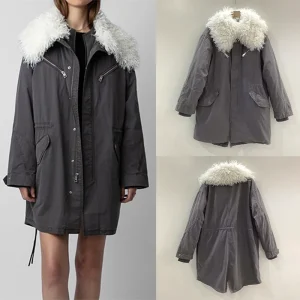 Cappotto grigio femminile Cappotti larghi con cerniera Giacche da donna con collo in pelliccia grande Top invernale casual Giacche lunghe da donna Top in cotone da esterno 1