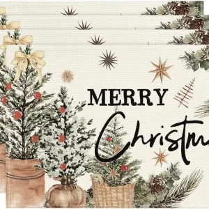 Set di tovagliette su un solo lato con stampa di albero di Natale con pigna di agrifoglio da 4/6 pezzi per decorazioni per la tavola delle vacanze invernali 1