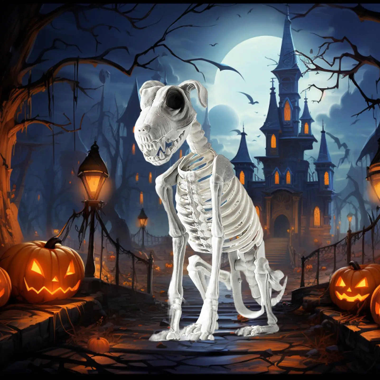 Realistico cane scheletro di Halloween spaventoso cane seduto scheletro statua animale teschio osso ornamenti artistici per oggetti di scena casa stregata festa 4