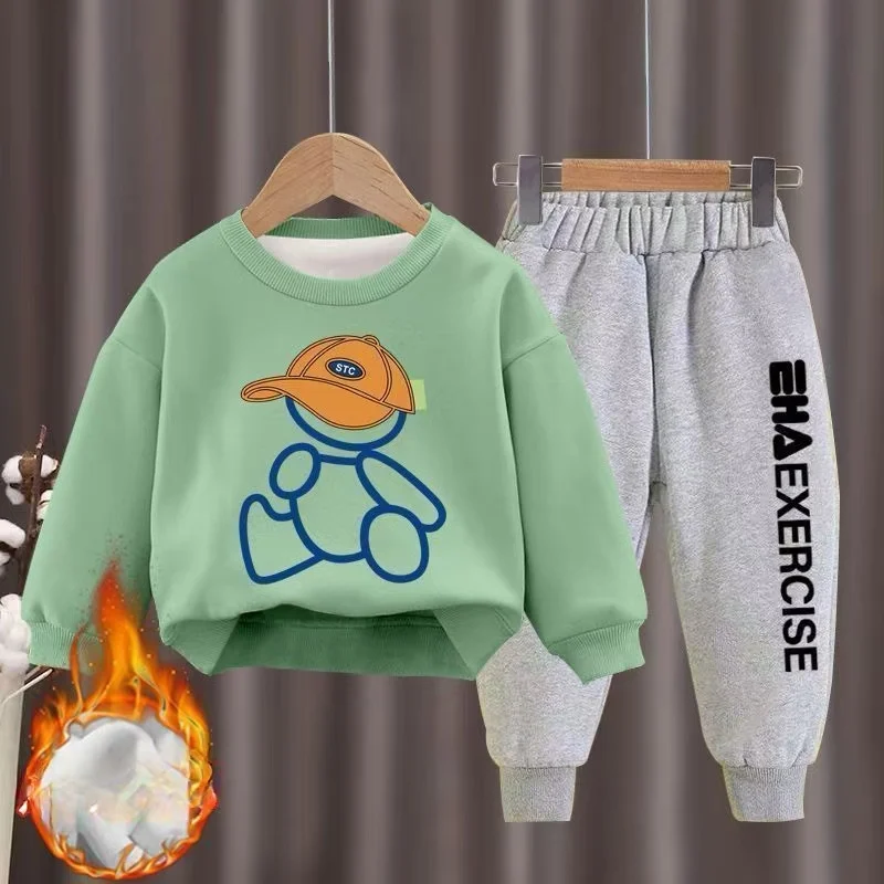 Abbigliamento per bambini ragazzi e ragazze autunno foderato in pile Top e pantaloni 2 pezzi set adolescente ragazzo e ragazza inverno cartone animato orso tuta Outfit 3