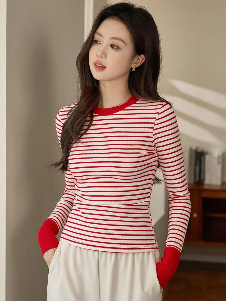 T-shirt a righe a contrasto Abbigliamento donna Top a maniche lunghe 2025 Autunno e inverno Nuovo O-Collo Casual Pullover Camicia che tocca il fondo 3