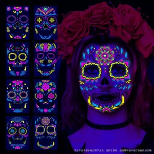 1/4/8 pezzi adesivi per tatuaggi temporanei fluorescenti impermeabili adesivi per Halloween al neon adesivi per il viso del giorno dei morti, festival, bar notturno 1