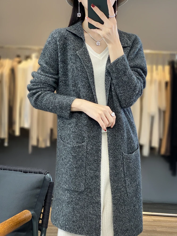 Autunno Inverno Donna 100% lana merino soprabito maglione scollo a V stile lungo cardigan manica lunga maglieria abbigliamento casual in cashmere 2