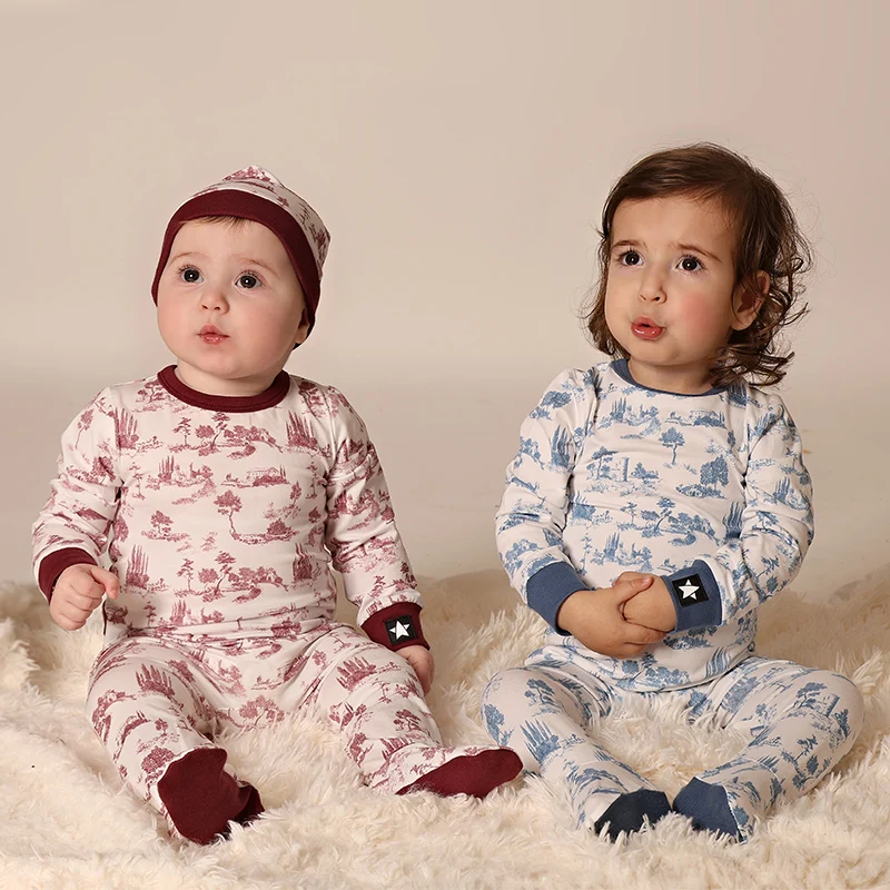 AA SS25 - Vestiti per bambini e neonati Toile francese Blu Rosa Pigiama e piedi accoglienti con cappello per corredino Set per bambini Pagliaccetto per bebè 2